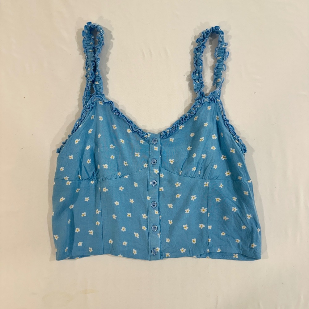 Lottie Moss Crop Top Cami Women M Blue Rayon Floral Daisy Button Smocked Boho